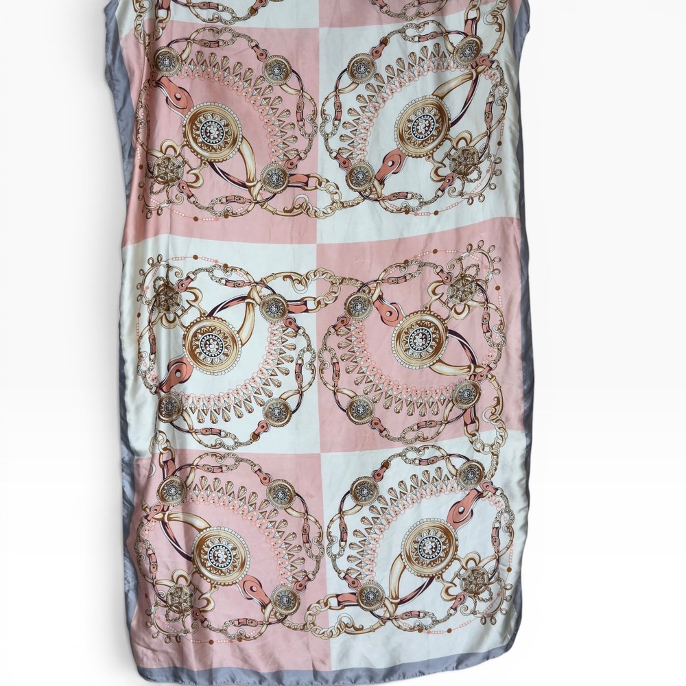 Jessica McClintock VTG Scarf Women Pink White Grey Equestrian Chain Print Wrap